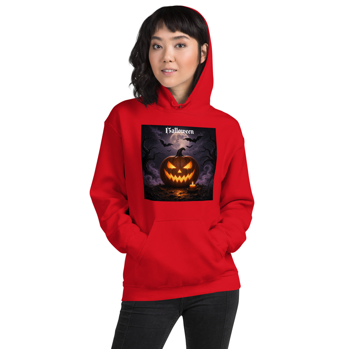 Roter Halloween Kapuzenpullover für Damen und Herren mit leuchtendem Kürbis-Motiv
