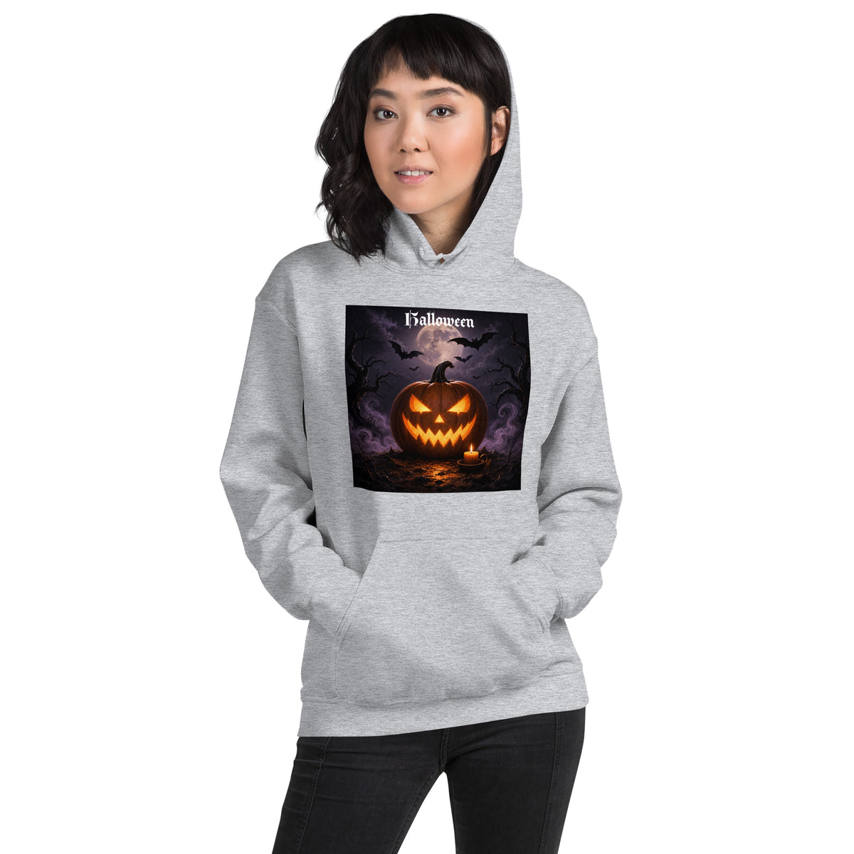 Sportgrauer Halloween Hoodie Unisex mit leuchtendem Kürbis-Motiv – Vorderansicht
