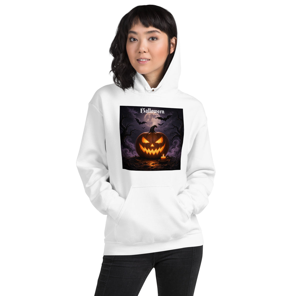 Weißer Halloween Kapuzenpullover Unisex mit Kürbis- und Fledermaus-Motiv
