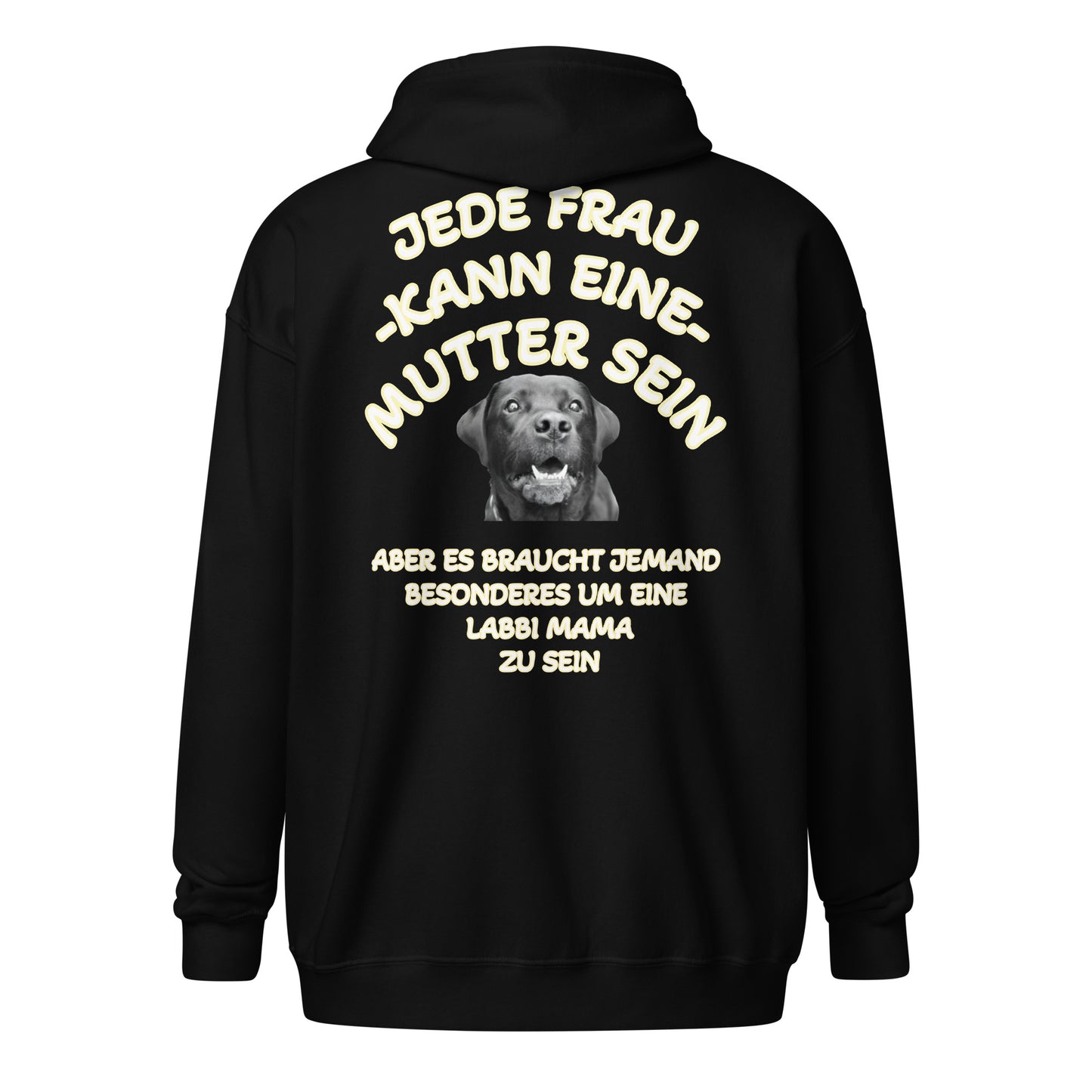 Schwarzer Unisex Zip Hoodie "Labbi Mama" mit Labrador-Brustmotiv und Rückenprint – Frontansicht