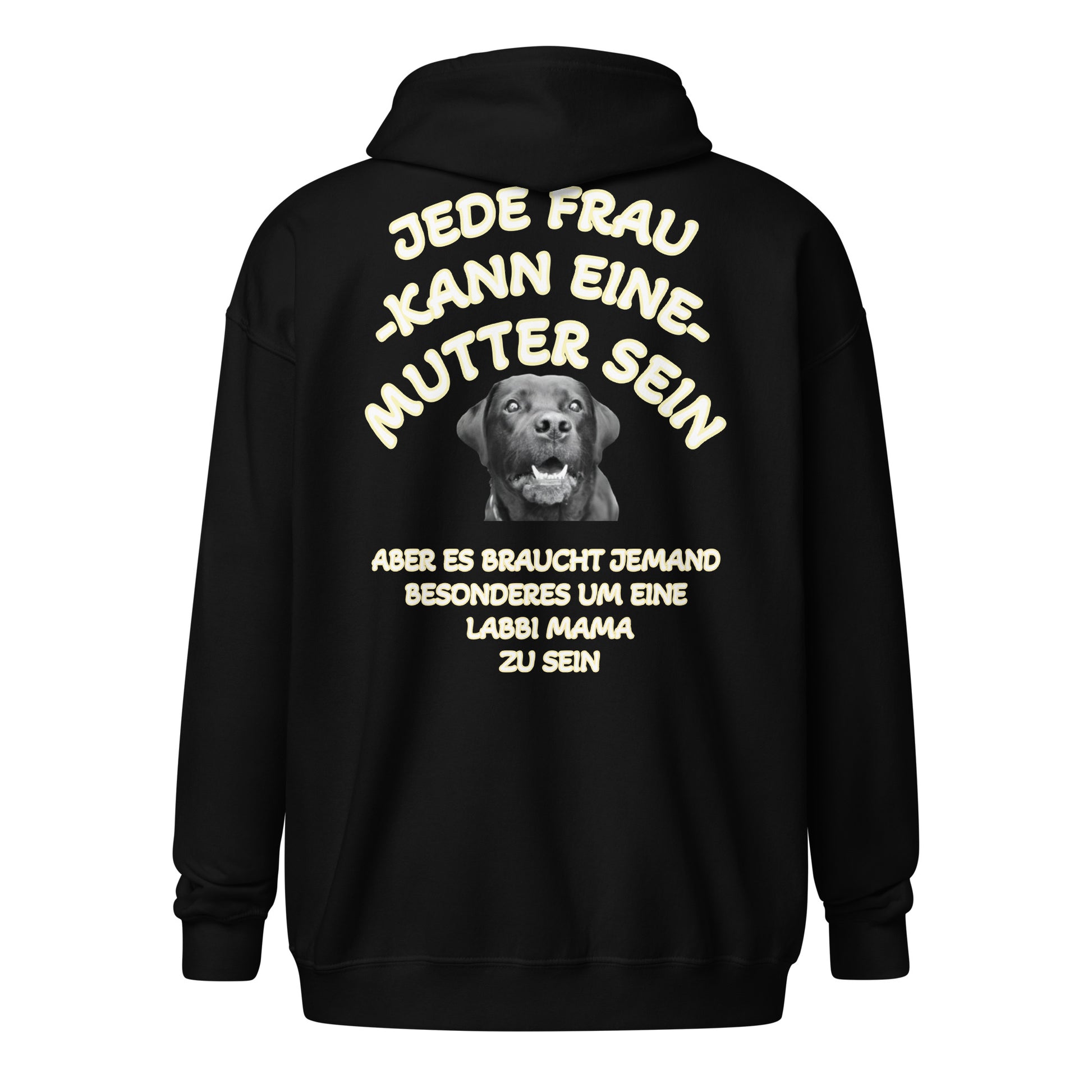 Schwarzer Unisex Zip Hoodie "Labbi Mama" mit Labrador-Brustmotiv und Rückenprint – Frontansicht