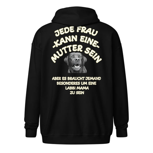 Schwarzer Unisex Zip Hoodie "Labbi Mama" mit Labrador-Brustmotiv und Rückenprint – Frontansicht