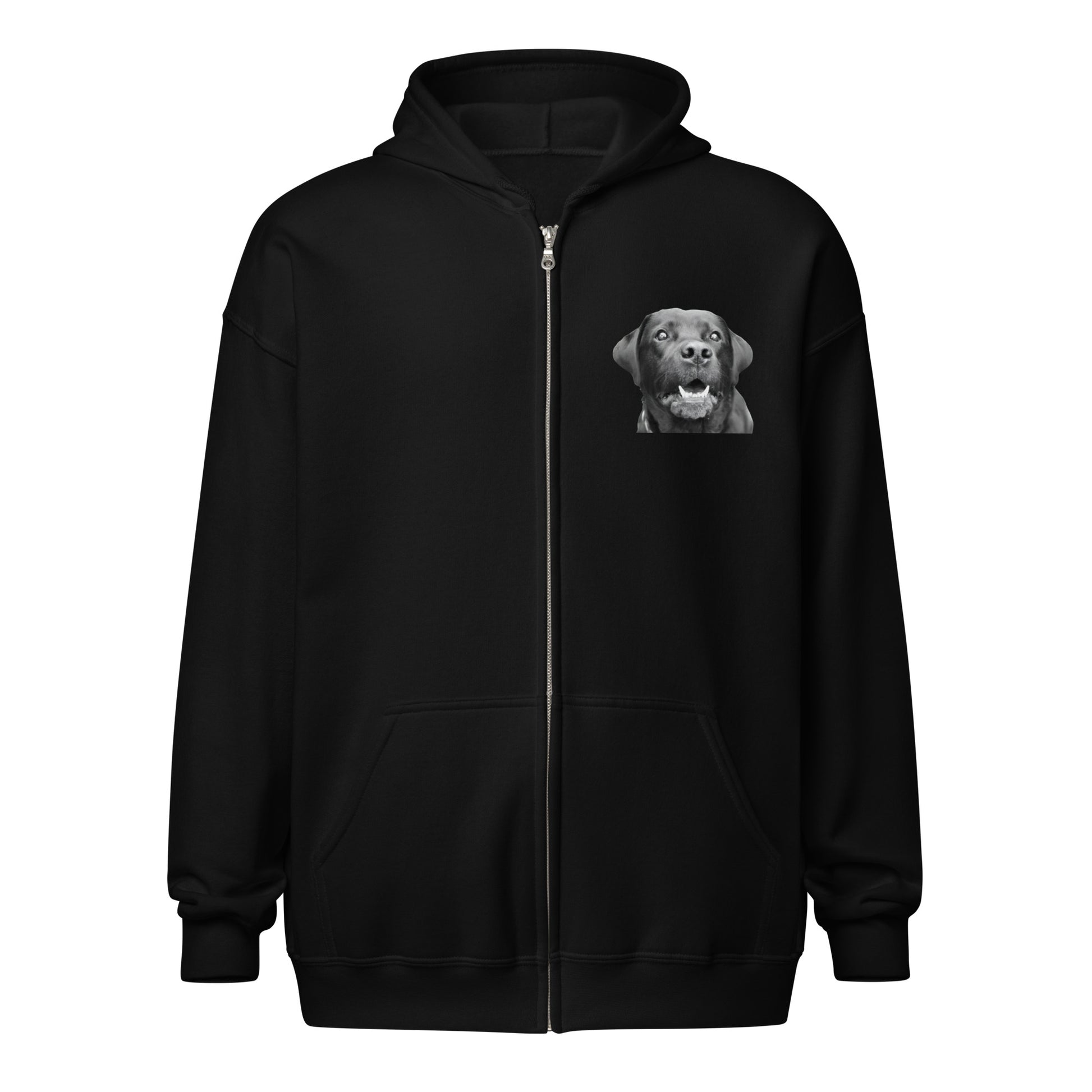 Schwarzer Unisex Zip Hoodie "Labbi Mama" mit Labrador-Brustmotiv und Rückenprint – Frontansicht