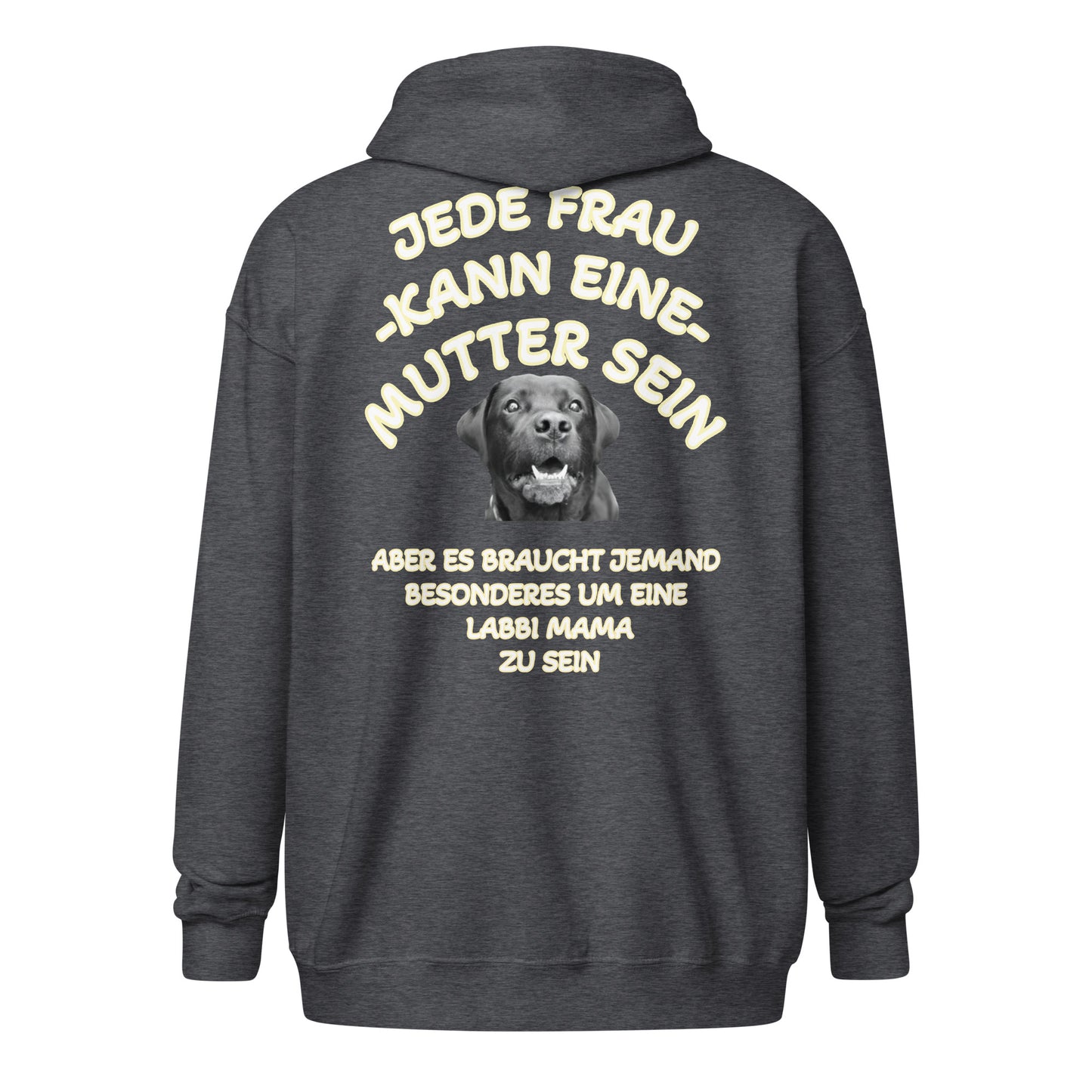 Unisex Zip Hoodie in Dunklem Heather mit Labbi Mama Rückenprint und Labrador-Kopf auf der Brust – Rückansicht