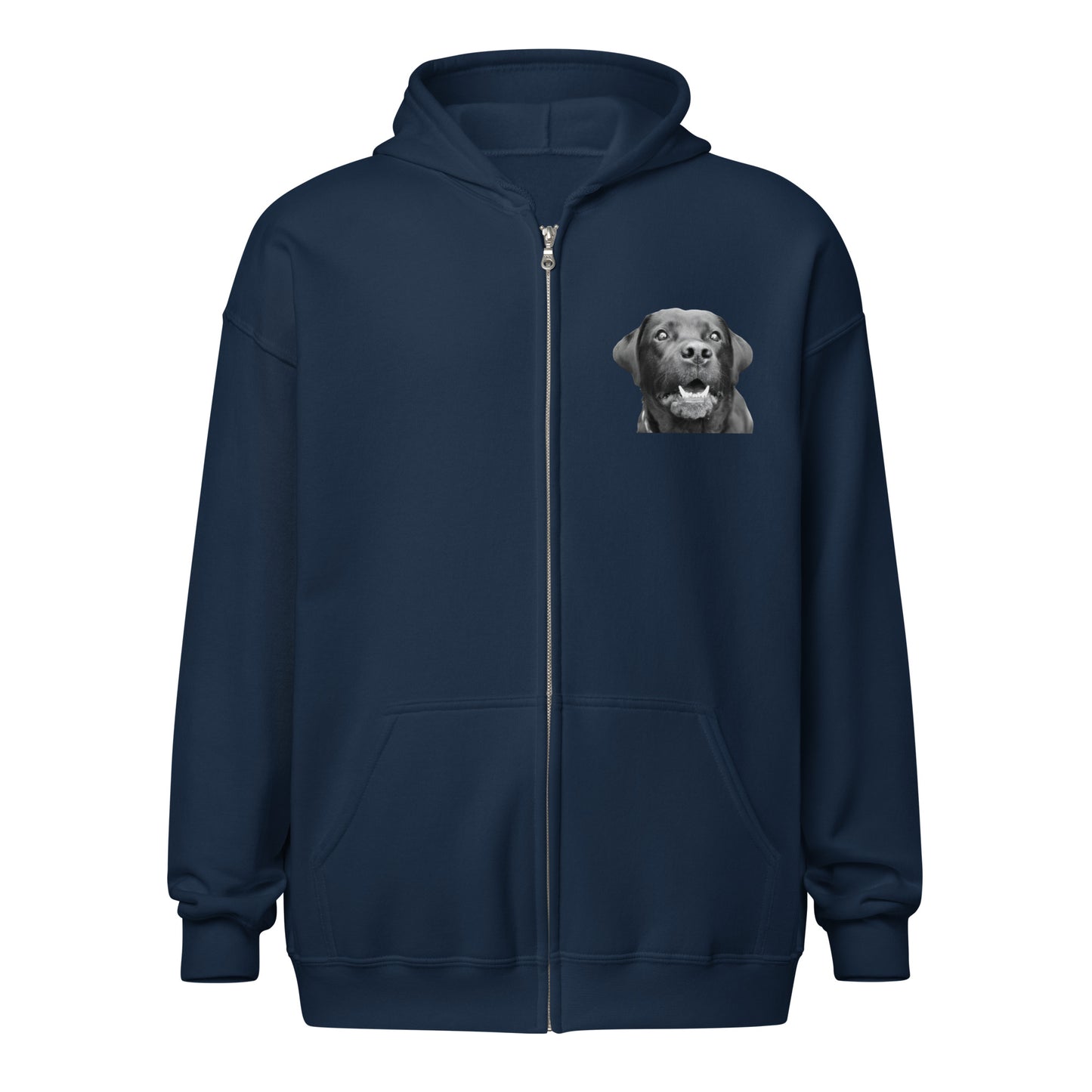 Dunkelblauer Unisex Zip Hoodie "Labbi Mama" mit Labrador-Motiv und Spruch auf dem Rücken – Frontansicht